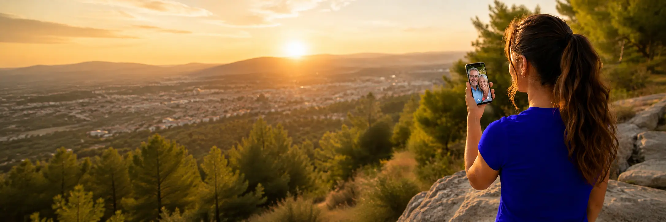 Over-the-shoulder shot of a young woman holding her phone up on a video call with smiling parents visible on-screen; outdoor golden-hour setting with foliage bokeh; her top in the SpeedySim brand blue (#2427A0).