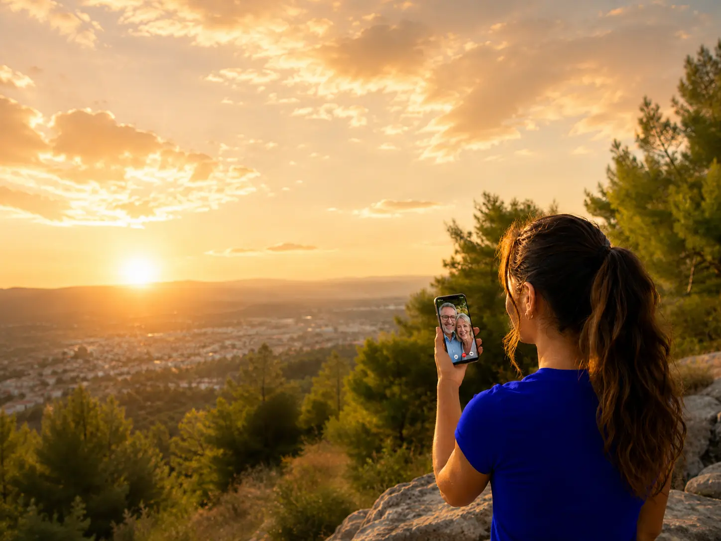Over-the-shoulder shot of a young woman holding her phone up on a video call with smiling parents visible on-screen; outdoor golden-hour setting with foliage bokeh; her top in the SpeedySim brand blue (#2427A0).