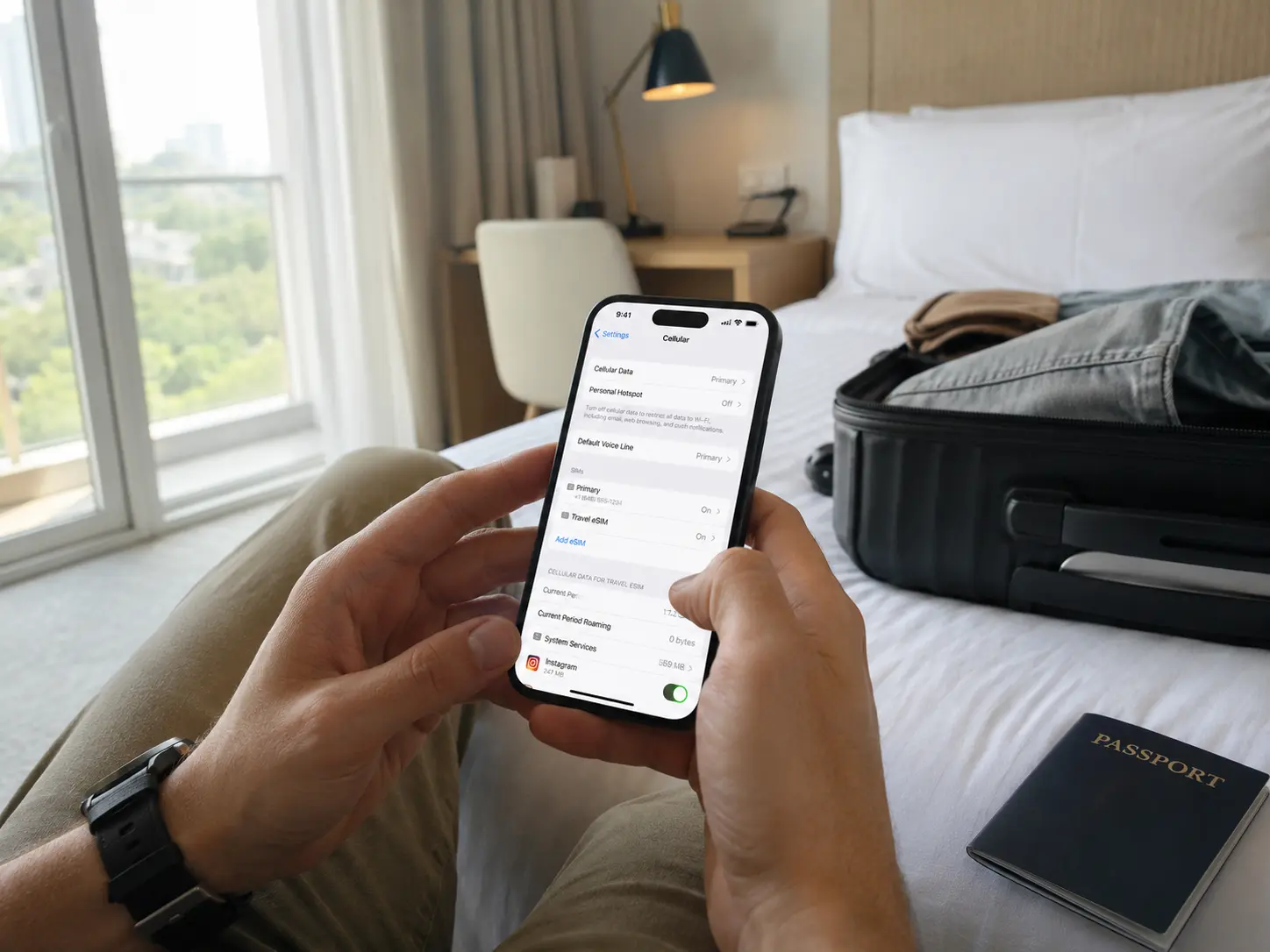Close-up of hands setting up an eSIM on an iPhone, Settings app open to the Mobile/Cellular screen.