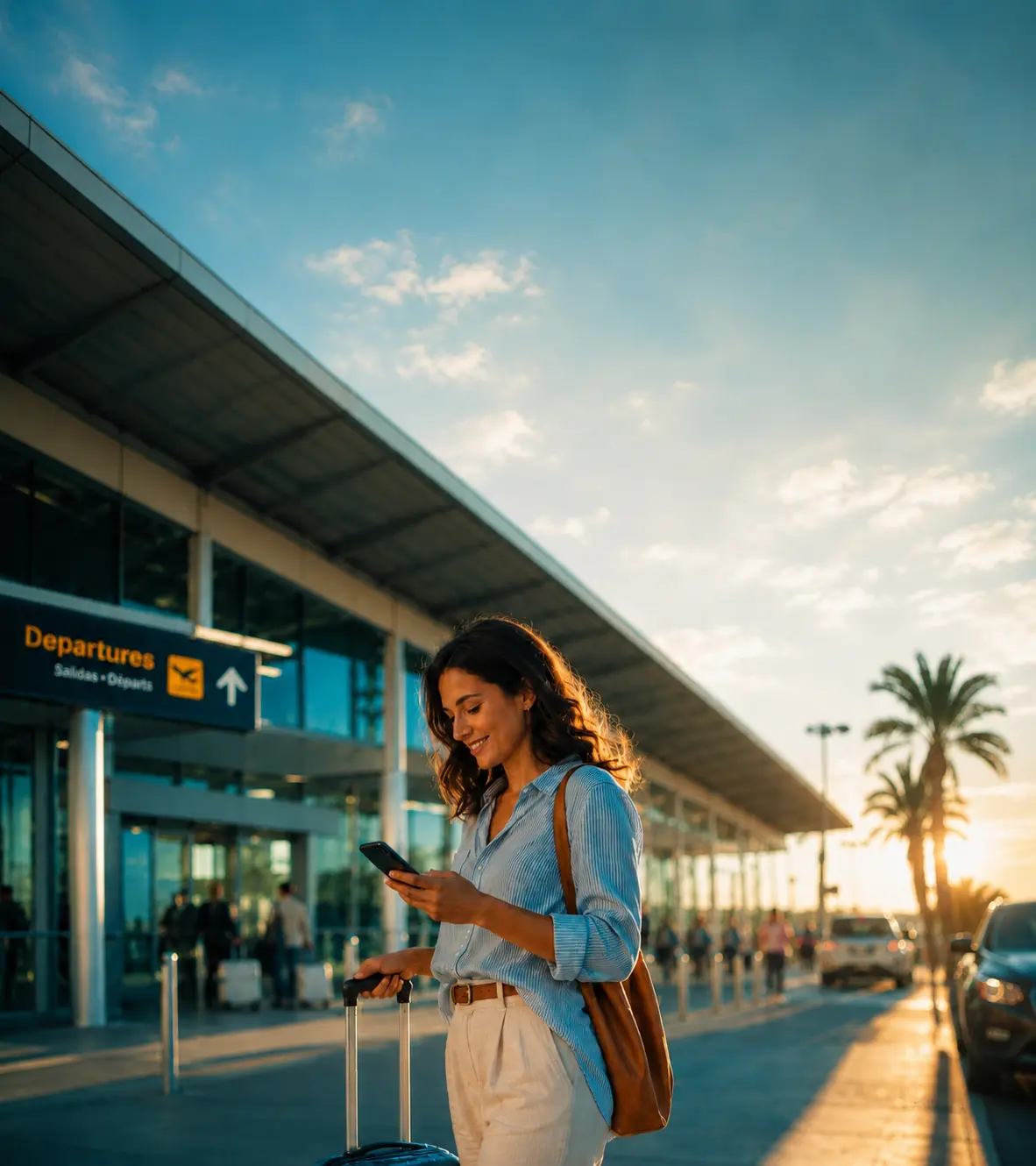Traveler with a carry-on suitcase glancing at their phone with relief outside an airport terminal