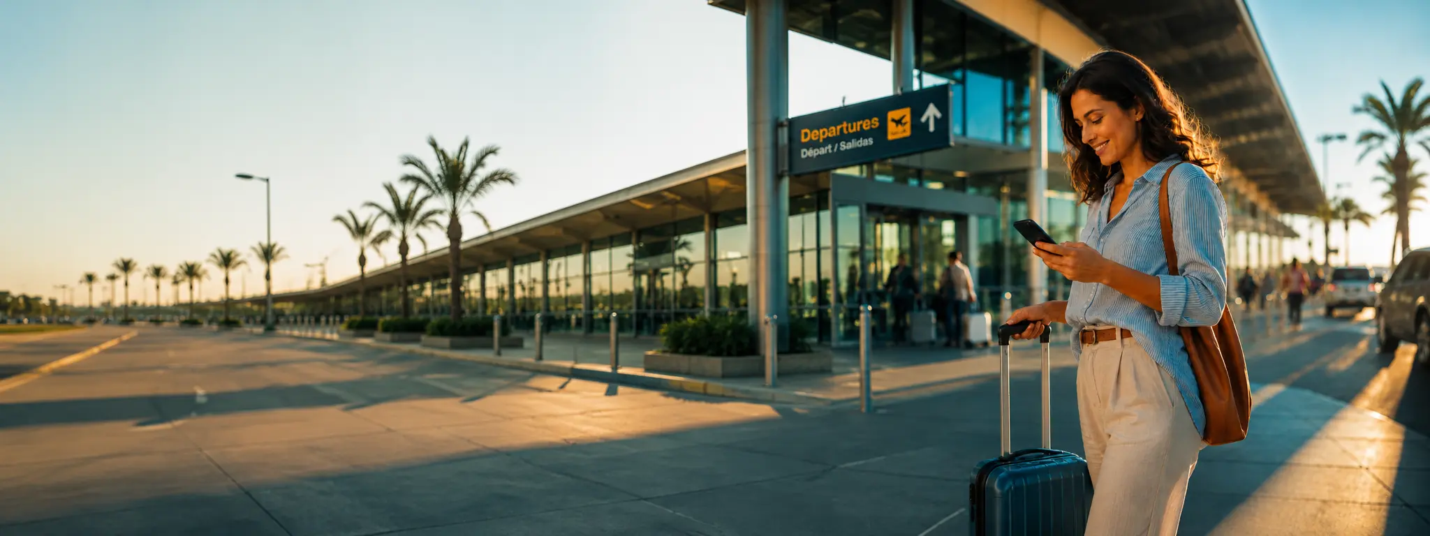 Traveler with a carry-on suitcase glancing at their phone with relief outside an airport terminal